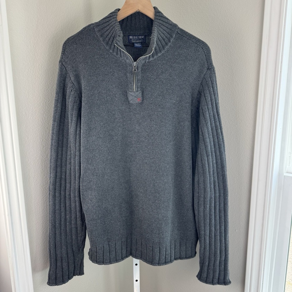 Polo Jeans Co Ralph Lauren Sweater Mens XXL 2XL‎ Gray 1/4 Zip Ribbed 100% Cotton